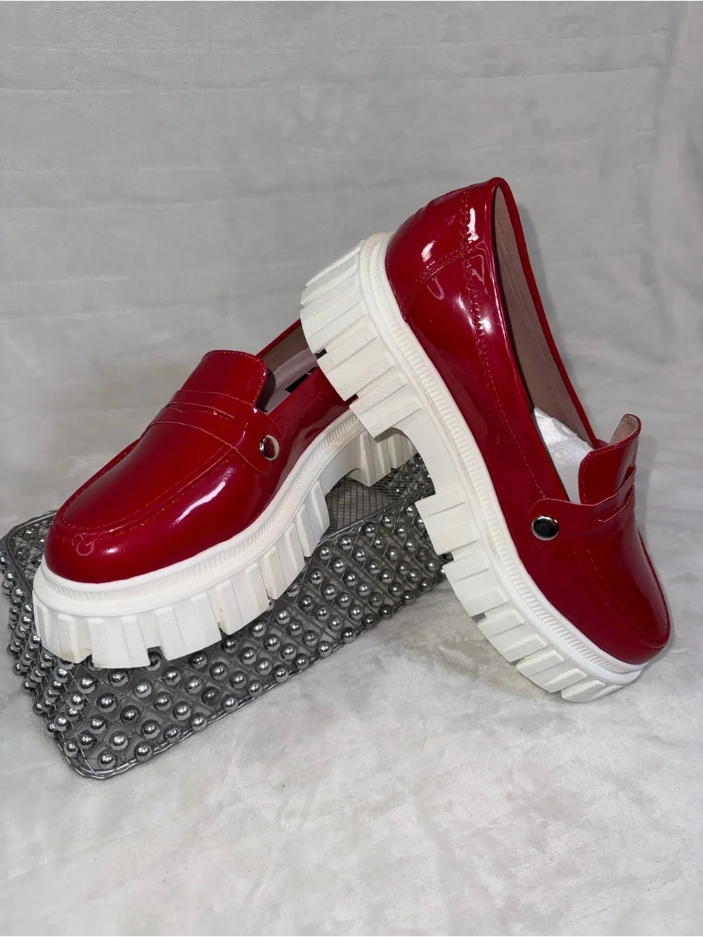 Patent Red Platform Loafers with Chunky White Sole size 8W